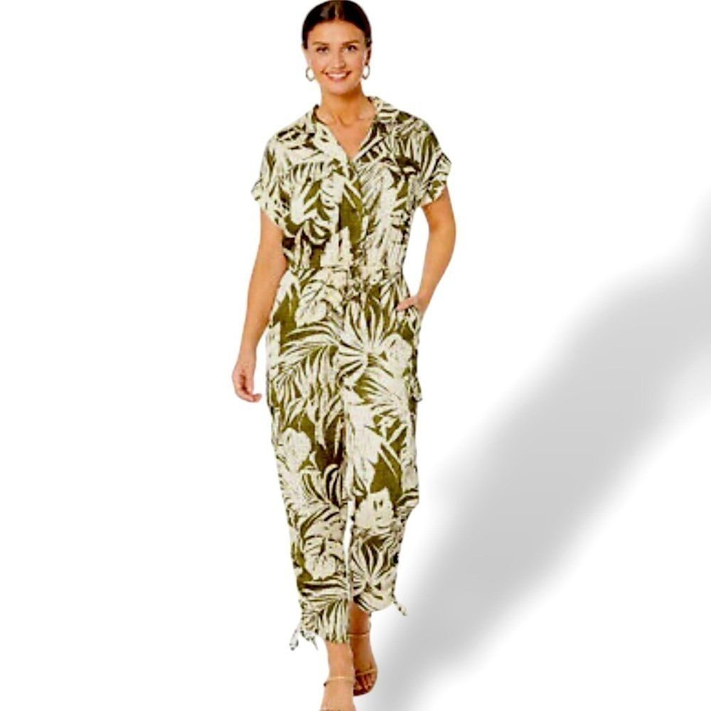 LAUREN RALPH LAUREN Safari Jumpsuit Palm Print Green/Cream Woman’s Size 16 NWOT